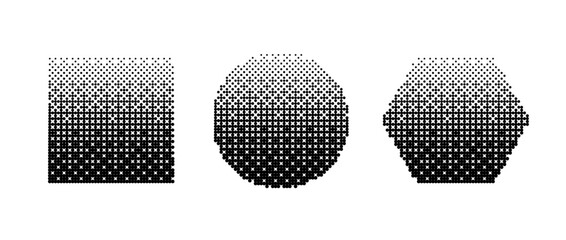 Poster - Geometric shapes bitmap set. Dither gradient forms collection. Circle, square, hexagon elements design elements for poster, banner, collage, booklet, brochure. Abstract pixelated shapes pack. Vector