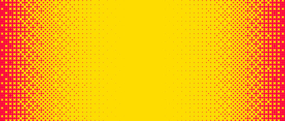 Poster - Pixelated bitmap gradient texture. Yellow and orange dither pattern background. Abstract glitchy pattern. 8 bit video game screen wallpaper. Colorful pixel art retro illustration. Vector backdrop