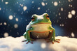 a cute frog playing in the snow