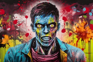 Wall Mural - A colorful wall graffiti painting of a zombie screaming