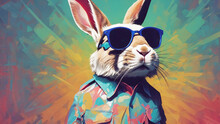 A Painting Of A Rabbit Wearing Sunglasses And A Shirt With A Colorful Background, Abstract Art