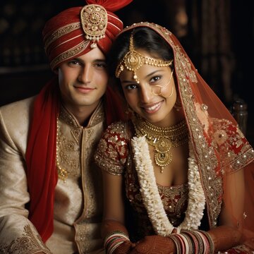 Indian couple on wedding smiling and raising their eye brows while their photo being clicked. bride with Flower garland around their neck