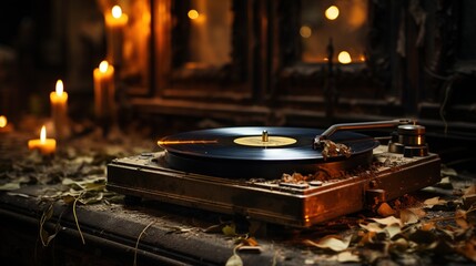 Canvas Print -  a record player sitting on top of a wooden table next to candles.  generative ai