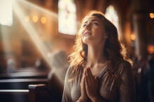 Prayer, Christian And Worship With Woman In Church For God