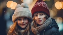 A Portrait Romantic Of Cute Young Couple Boy And Girl Wearing Wool Hat In The Winter Season On Bokeh Background. Generative Ai