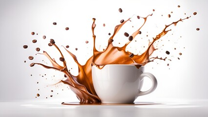  Pouring and splashing coffee cup on white background