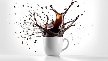 Pouring and splashing coffee cup on white background