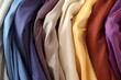 © DIMENSIONS - A close-up background image showcasing an array of colorful, soft, and silky fabrics thoughtfully combined, providing a tactile backdrop for creative content. Photorealistic illustration