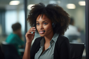 Wall Mural - Woman wearing headset talking on cell phone. This image can be used to depict businesswoman or customer service representative engaged in phone conversation.