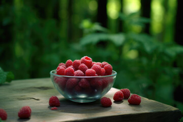 Wall Mural - Fresh and vibrant raspberries displayed in rustic wooden bowl on table. Perfect for food and health-related projects.