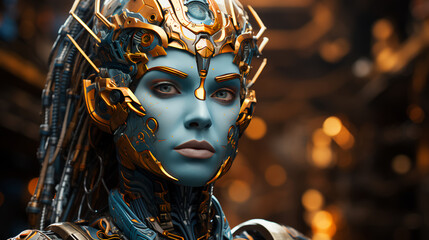 Poster - Beautiful face of a futuristic hi-tech cyborg robot woman. Connecting man and computer with artificial intelligence in the future of humanity