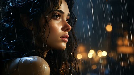 Wall Mural - A beautiful pensive woman looks out the window at night during the rain and drops flow down the glass. Face of a sad girl close-up