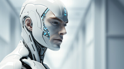 Poster - Face of a futuristic high-tech cyborg robot male. Connecting man and computer with artificial intelligence in the future of humanity