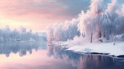 Wall Mural - A Photograph capturing the ethereal beauty of a snow-covered landscape, bathed in soft pastel hues, evoking a sense of serene winter wonder .