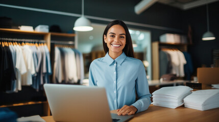 Wall Mural - Retail clothing store worker at the checkout counter, working on laptop, business administration