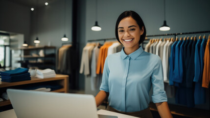 Wall Mural - Retail clothing store worker at the checkout counter, working on laptop, business administration