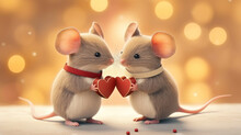 Tiny Cute Mouse Couple Holding Heart Shaped Presents, Golden Fairy Lights Background, Valentines, Christmas