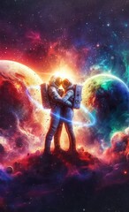 Wall Mural - A Couple of Astronauts Hugging in Space
