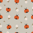 Red beetles and daisy seamless pattern. Cartoon ladybug with floral on a beige background. Modern summer design for cover, packaging, stationery. Abstract vector illustration of insects.