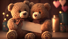 Two Brown Bear Dolls Sit Together And Hug With Love With Good Relationship ,  Wedding, Valentine's Day Celebration, Anniversary