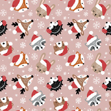Seamless Vector Pattern With Cute Christmas Woodland Animal Faces And Snowflakes. Snowy Winter Woodland With Animals. Hand Drawn Illustration Artwork. Perfect For Textile, Wallpaper Or Print Design.