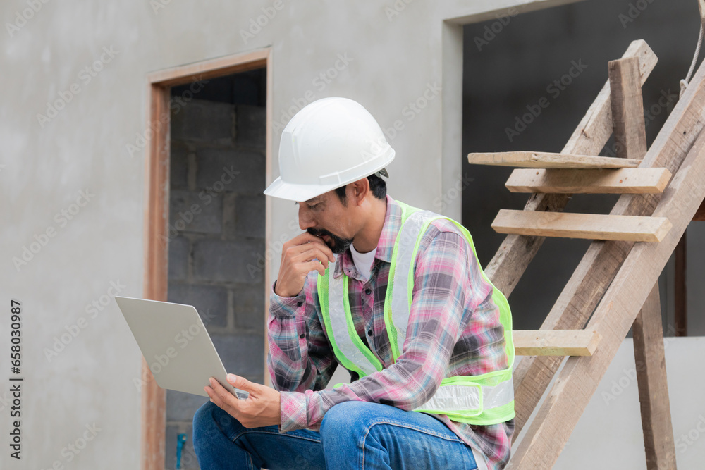 Asian or Indian foreman with beard wearing safety reflected vest sit on ...