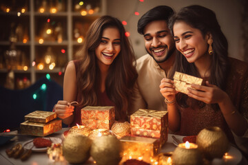 Wall Mural - Indian people celebrating diwali festival together at home