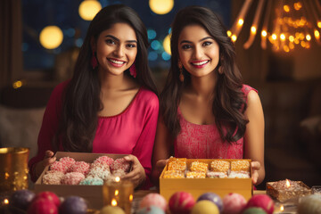 Two indian women celebrating diwali festival at home