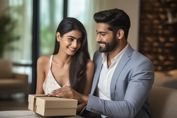 Sticker - Young man in suit giving gift to his wife or girl friend.