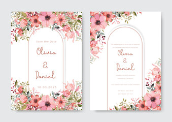 Wall Mural - Wedding invitation template with elegant watercolor cherry blossom
