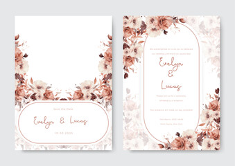 Wall Mural - Elegant brown floral wedding invitation template