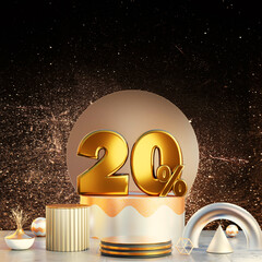 Wall Mural - 20% or twenty percent 3d realistic metal shiny gold text on black glitter background for promotion, 