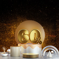 Wall Mural - 60% or sixty percent 3d realistic metal shiny gold text on black glitter background for promotion, s