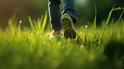 Canvas Print - A person walking through a lush green field