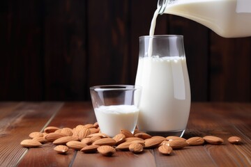 Wall Mural - almond milk splash on a wooden table