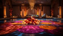 An Indian Wedding Stage Design With A Vibrant Color Scheme, Mandalas, And Marigolds