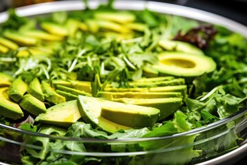 Sticker - layering slices of avocado over mixed greens in a salad