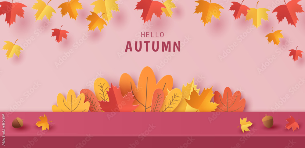Paper cut of empty studio product display with autumn landscape for ...