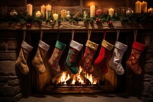 Christmas Stockings Hanging On An Empty Fireplace Mantle