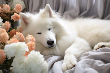 Wall Mural - Generative AI Image of Fluffy White Dog Sleeping on a Grey Cloth with Beautiful Flowers
