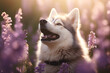 Generative AI Image of Siberian Husky Dog in Lavender Flowers Field