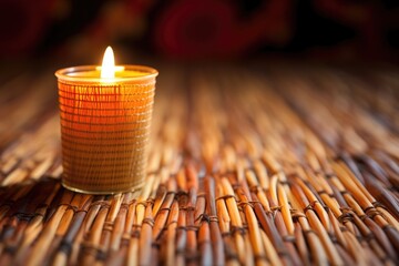 Canvas Print - close-up of a lit kinara on a straw mat