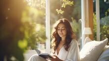 Beautiful Young Woman Enjoying The Autumn Morning Sunshine Outdoors, Drinking Coffee And Reading A Book On The Back Porch.,generative AI