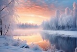 Fototapeta Most - Scenic Winter Morning: Snow-Covered Trees Reflecting in the Lake
