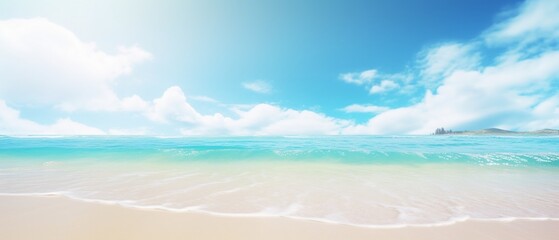  Blurred Tropical Beach Paradise: Golden Sand, Turquoise Ocean, and Blue Sky