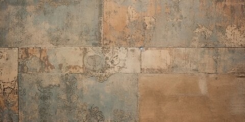 Old brown gray rusty vintage worn shabby patchwork motif tiles stone concrete cement wall texture background banner, Generative AI