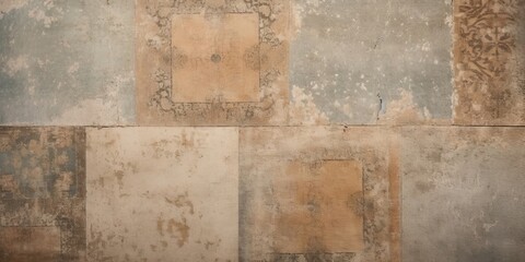 Old brown gray rusty vintage worn shabby patchwork motif tiles stone concrete cement wall texture background banner, Generative AI