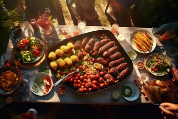 Wall Mural - Group of friends having barbecue party outdoors. Selective focus. Food, Barbecue dinner at a summer party, top view, AI Generated