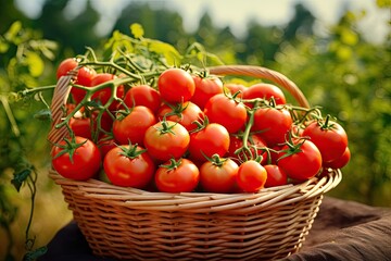 Wall Mural - Ripe tomatoes in a wicker basket on the background of the garden, Basket with new crop of ripe tomatoes on a plantation, AI Generated