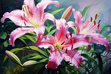 Poster - Beautiful pink lilies on a blue background illustration. Beautiful botanic lily flower oil paint illustration, AI Generated